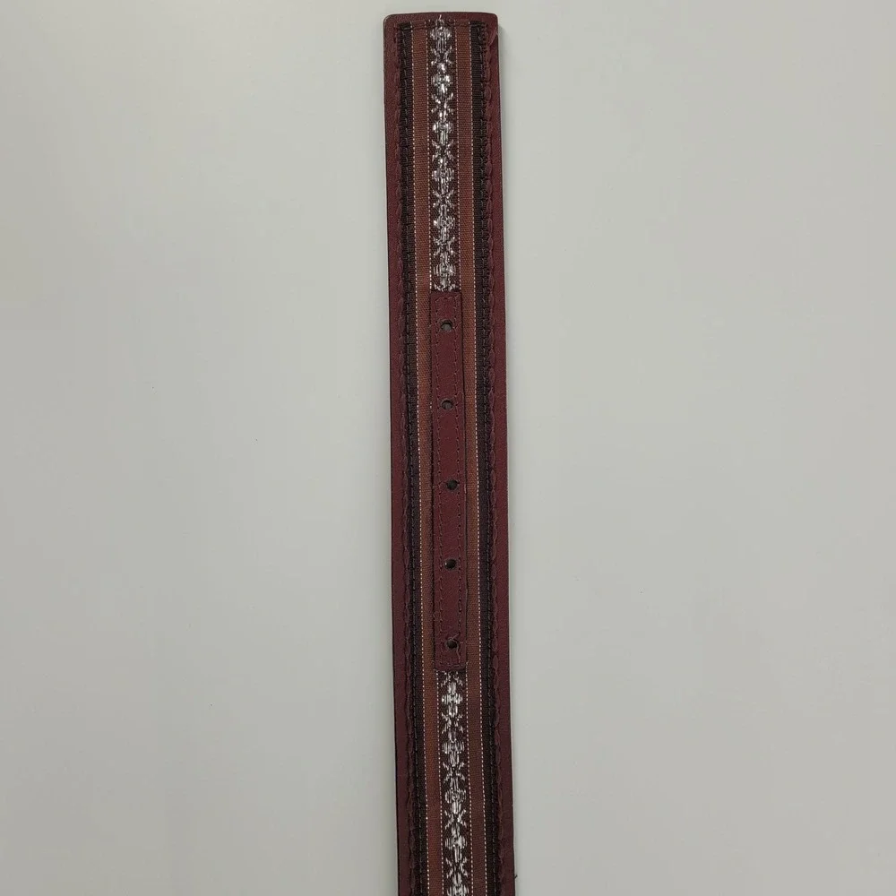 Womens Brown Leather Western Belt XL Silver Embroidered Mosaic Boho Eclectic
